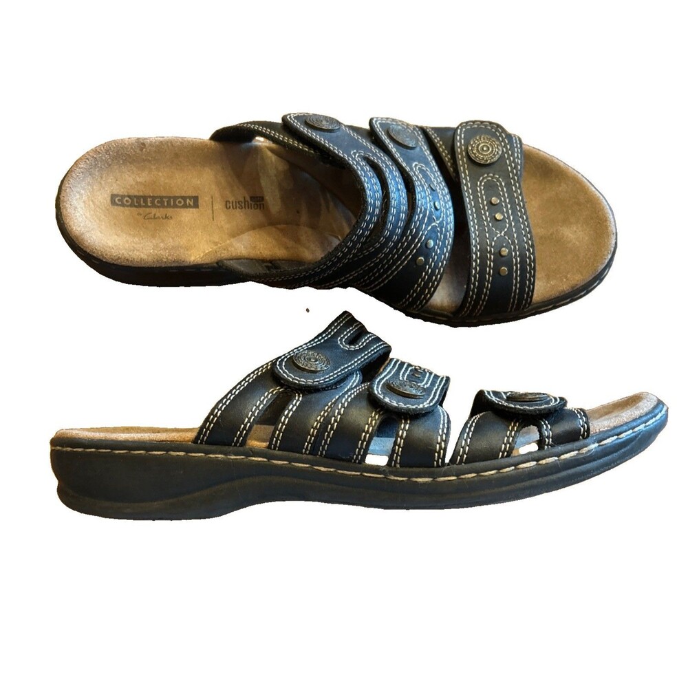 Collections By Clark’s Slip On Sandals Sz 9 Comfort Cushion Leather Shoes Blk
